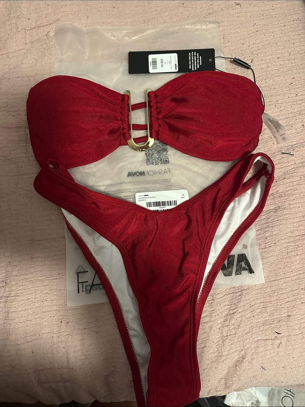 Fashion Nova Red Bandeau Bikini with Gold Ring